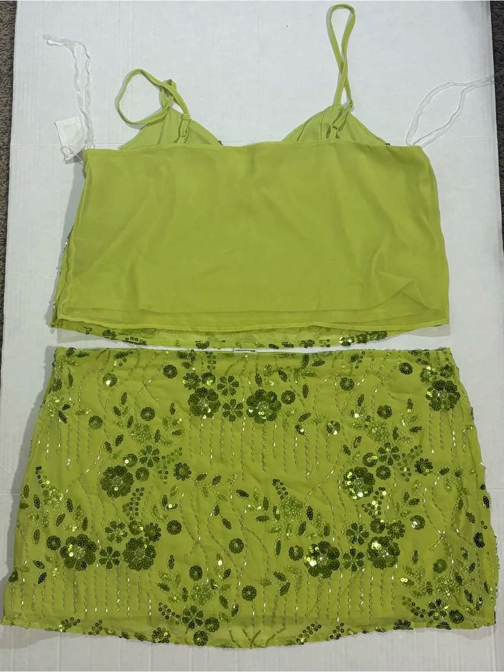 No Boundaries Lime Green Sequin Floral Crop Top & Mini Skirt Set